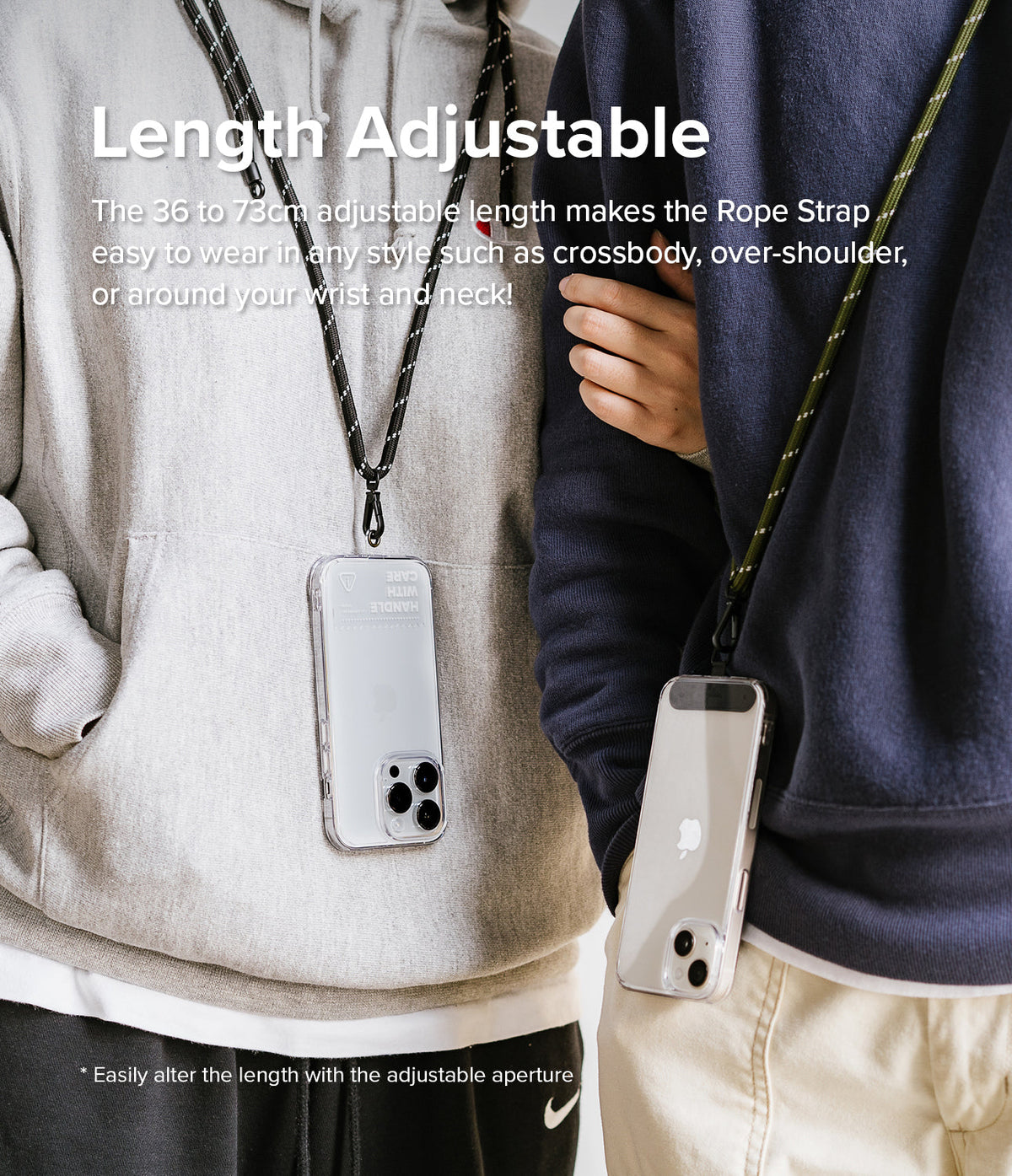Holder Link Strap | Clear - Two people wearing smartphones on adjustable rope lanyards over grey and navy hoodies.
