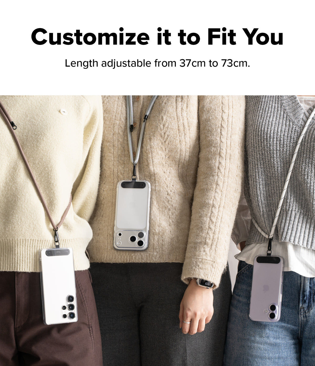 Holder Link Strap | Black - Three people wearing adjustable phone straps with clear cases in different lengths over sweaters.