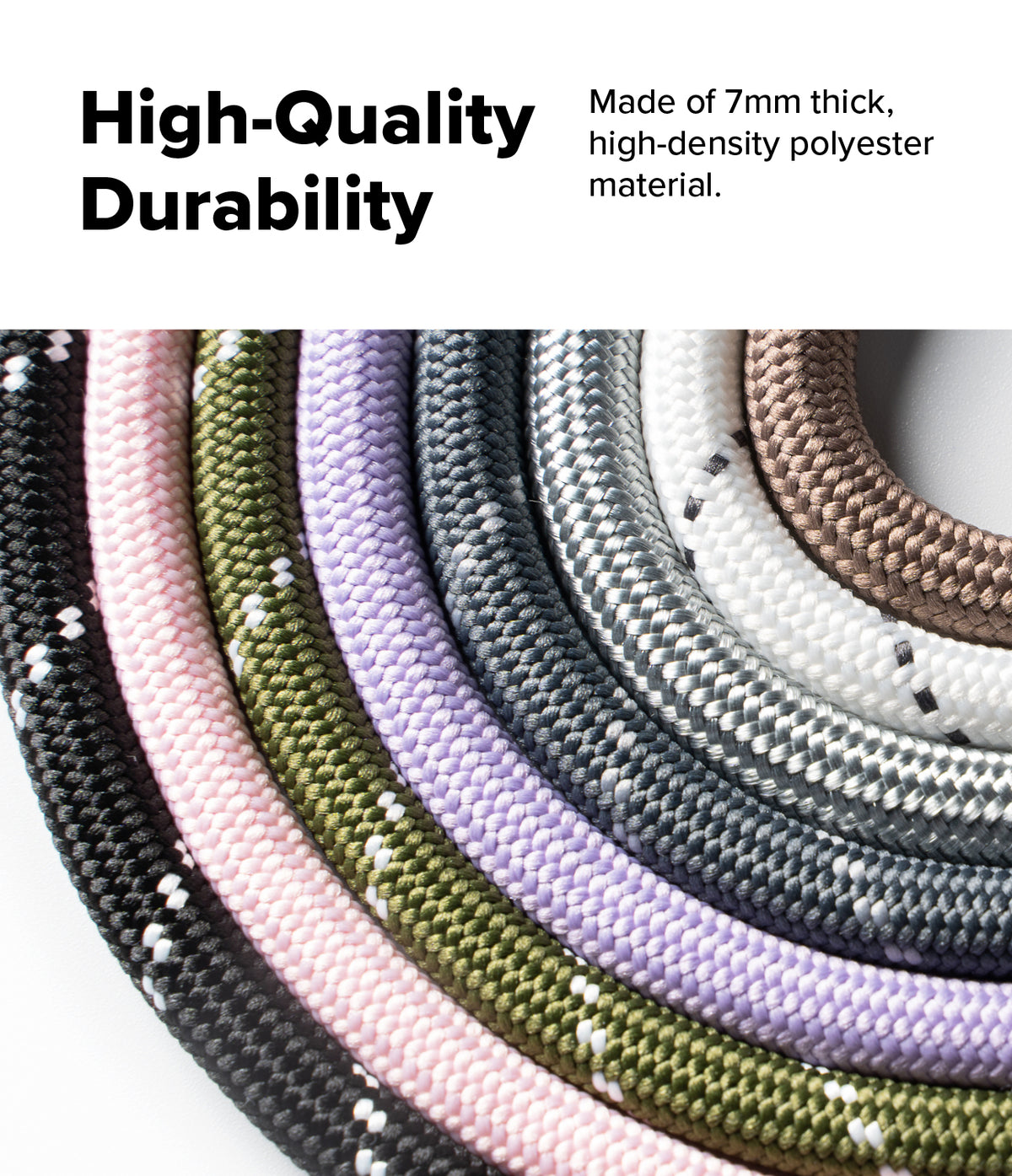 Holder Link Strap | Black - Close-up of several thick, braided polyester rope straps in various colors arranged in a curved pattern.