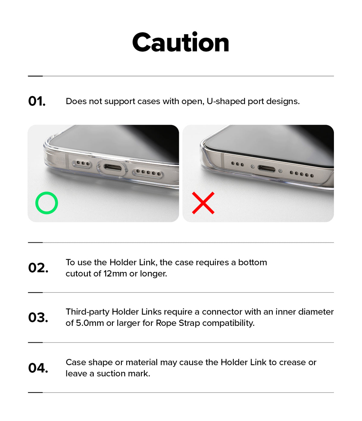 Holder Link Strap | Black - Infographic showing compatibility requirements for phone case port cutouts and strap connectors.