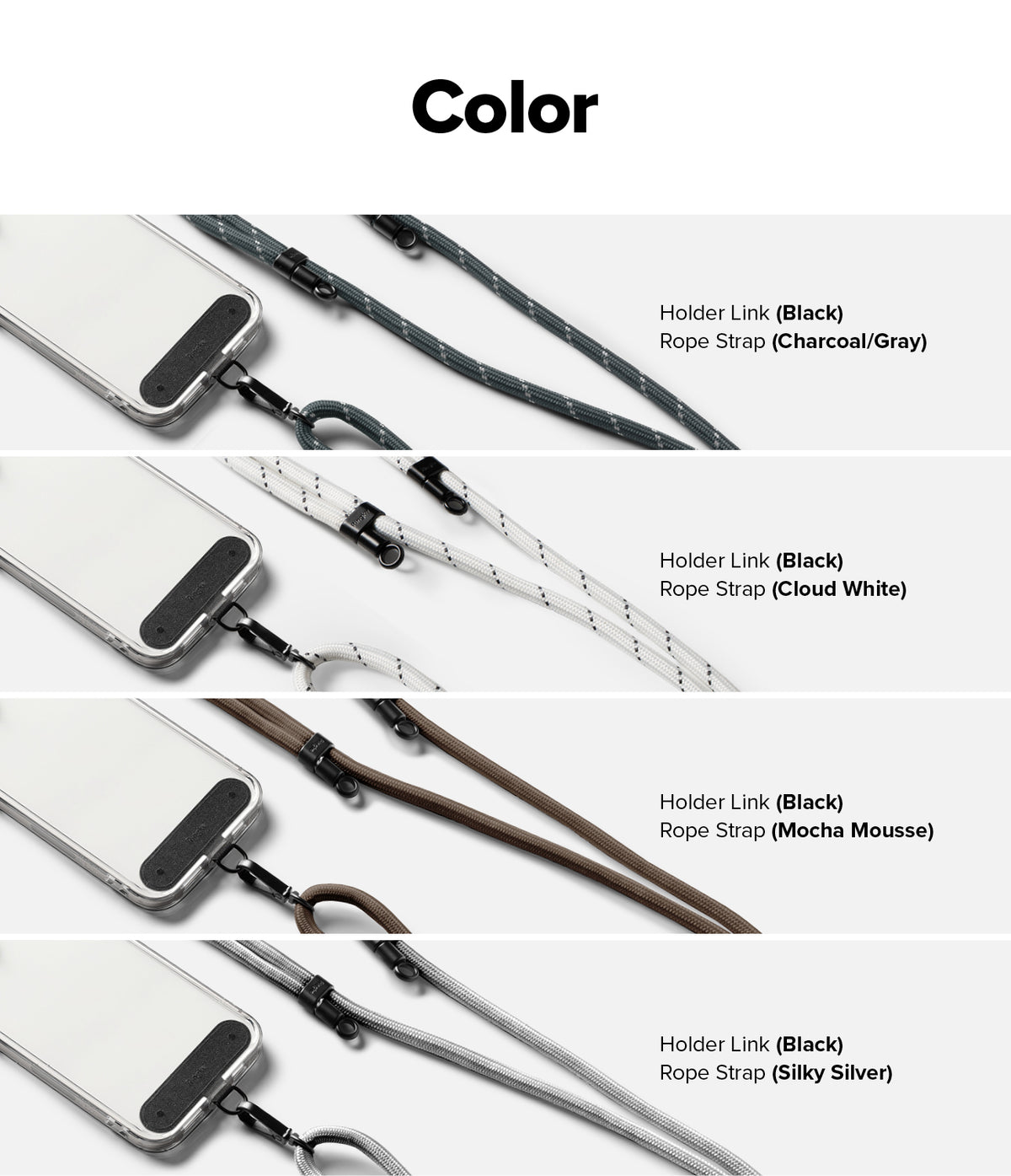Holder Link Strap | Black - Four phone cases with black Holder Links attached to charcoal, white, brown, and silver rope straps.