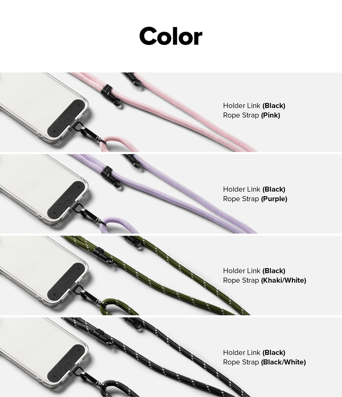 Holder Link Strap | Black - Four phone cases with black holder links and rope straps in pink, purple, khaki, and black.