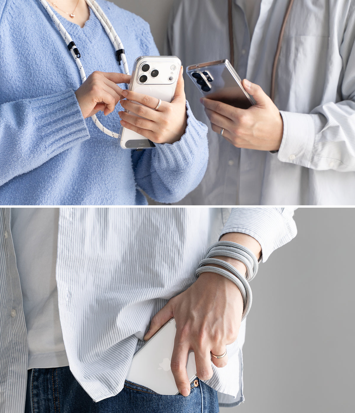 Holder Link Strap | Black - Two people wearing phone straps around their necks and one person wrapping the strap around their wrist.