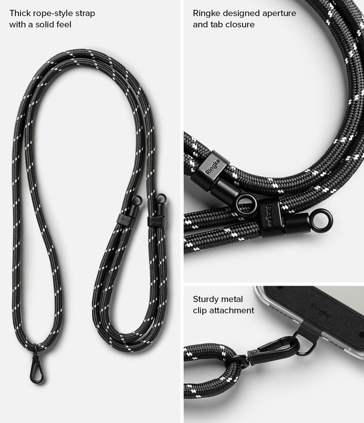 Holder Link Strap | Black - Black rope-style strap with metal clips, Ringke aperture, and tab closure details.