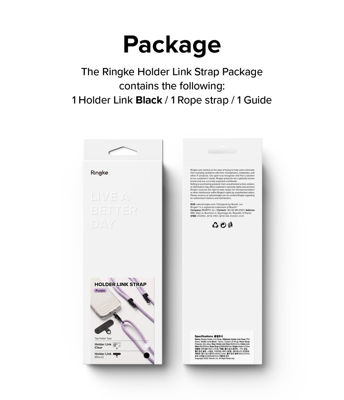 Holder Link Strap | Black - Front and back view of the Ringke Holder Link Strap retail packaging box.