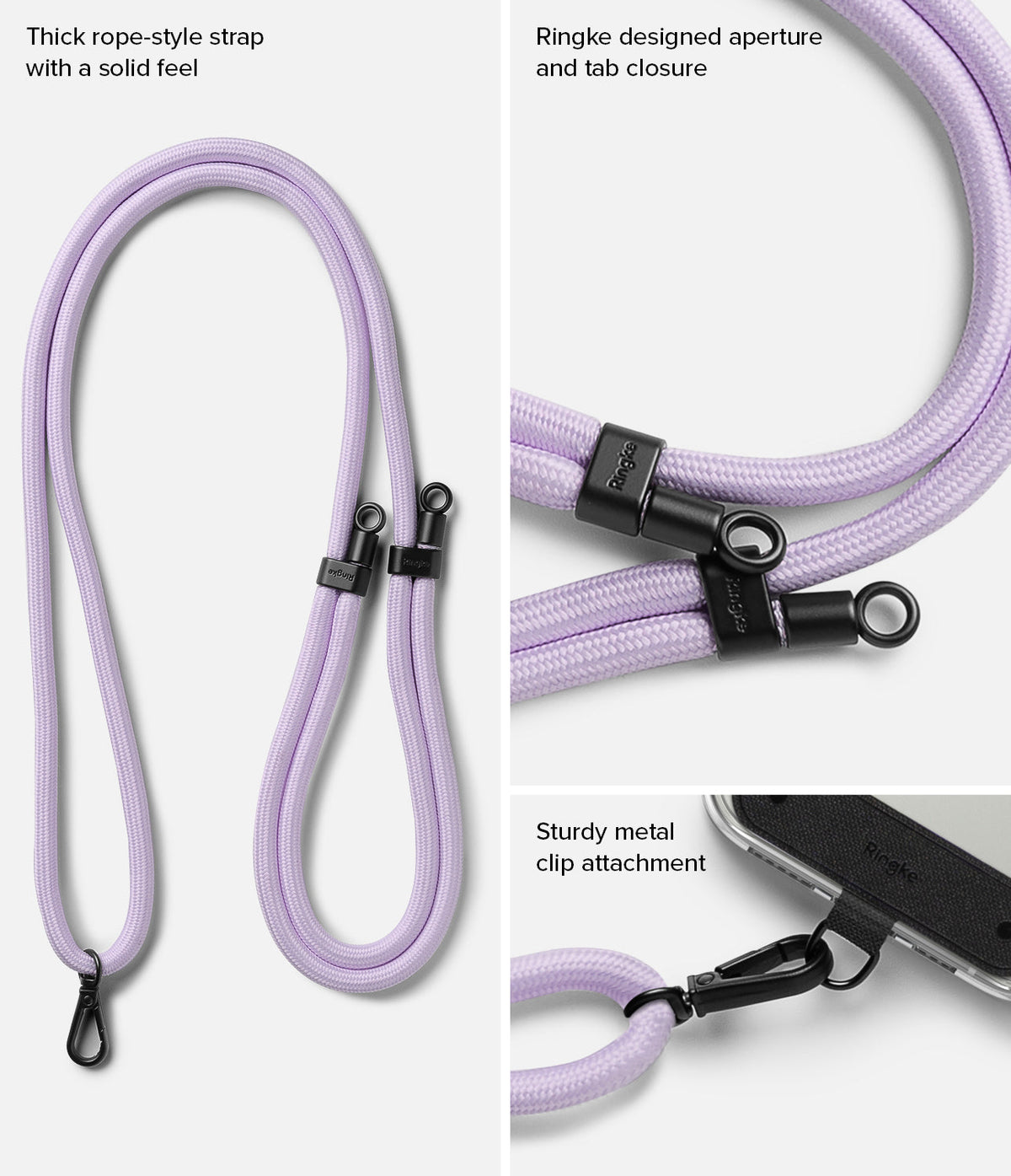 Holder Link Strap | Black - Purple rope-style strap with black metal clips, aperture, and tab closure for phone attachment.