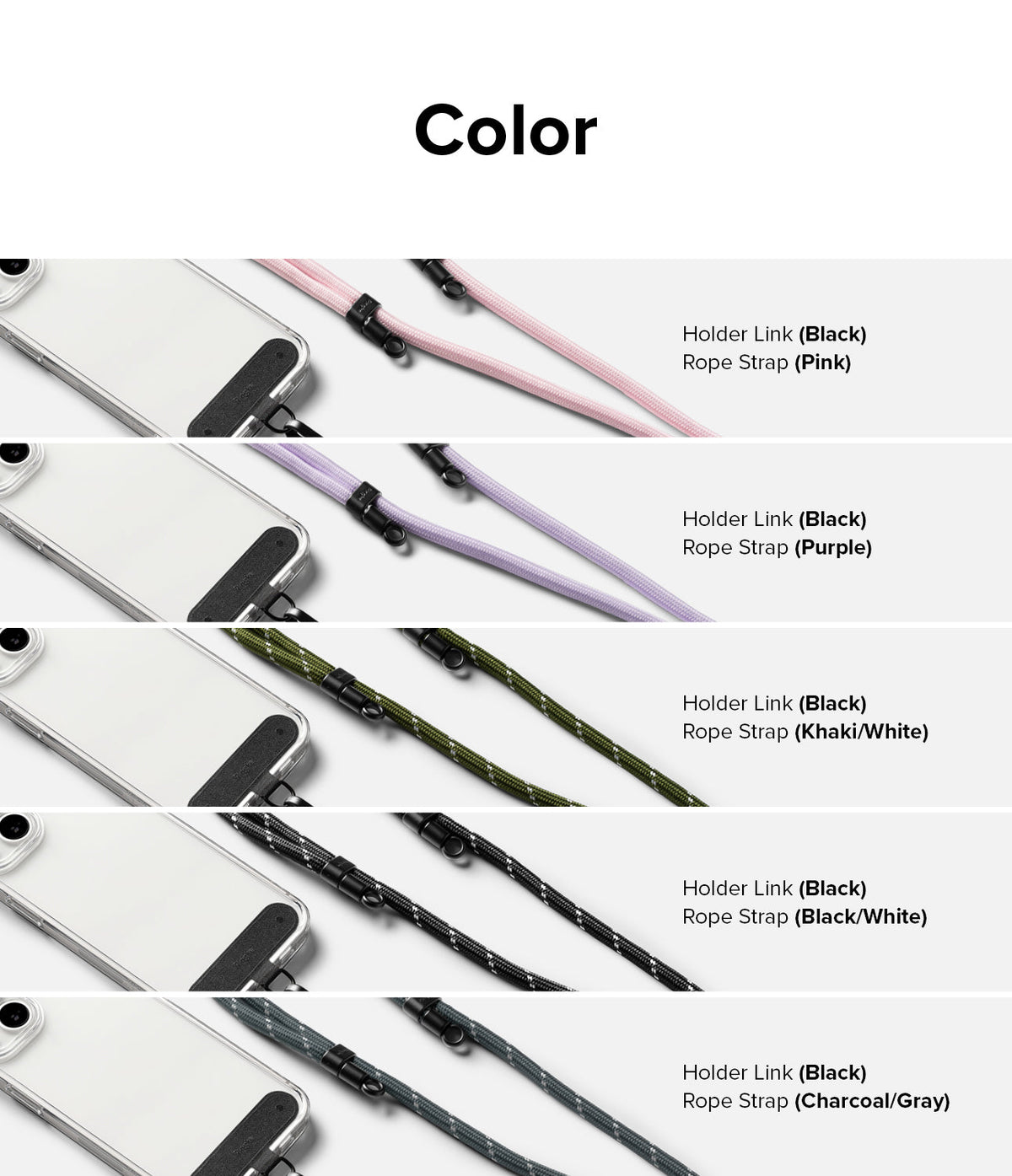 Holder Link Strap | Black - Five rows showing phone cases with black links attached to pink, purple, khaki, black, and charcoal ropes.