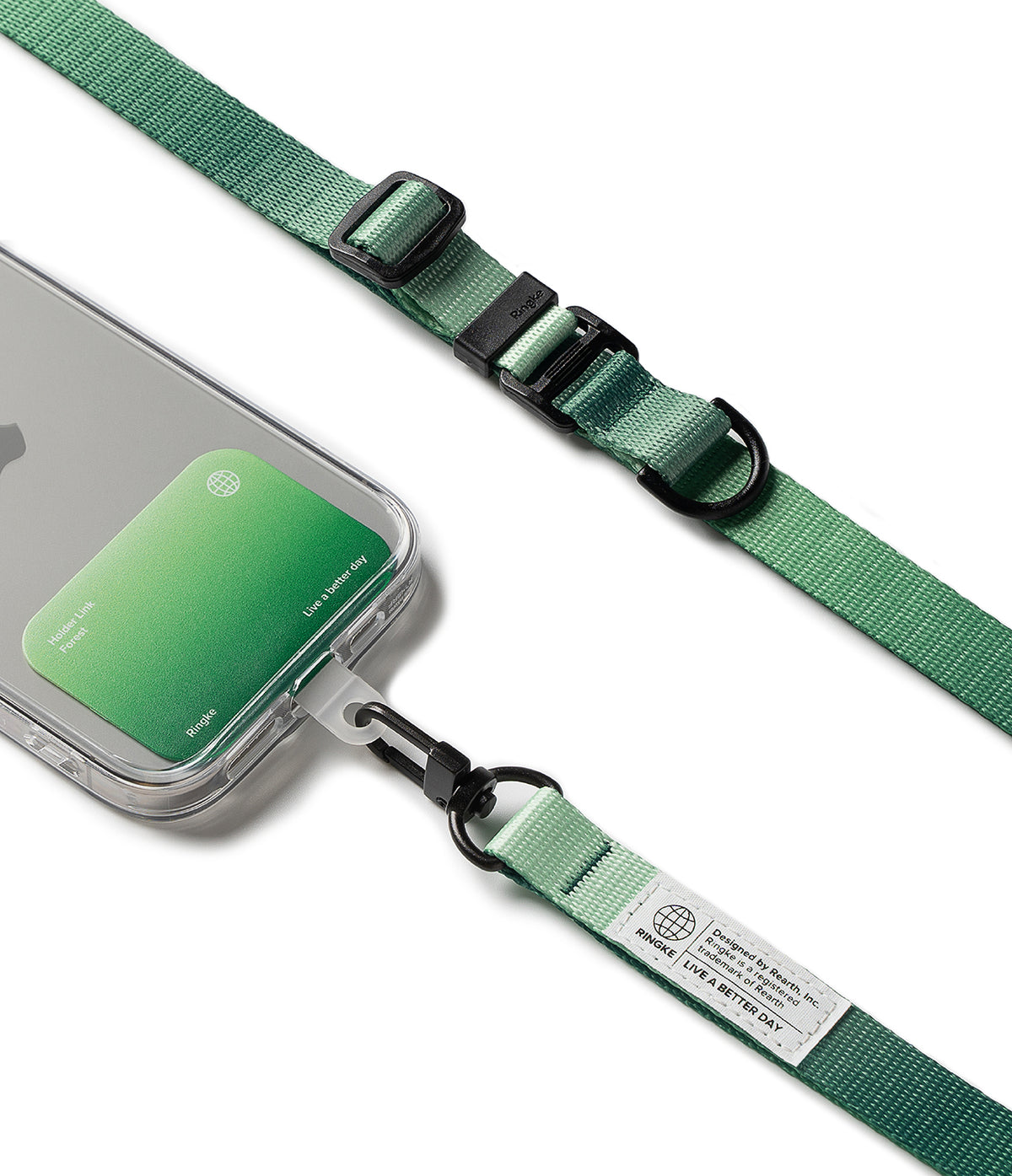 Holder Link & Snap Hook Lanyard Strap - Green phone lanyard with a snap hook attached to a clear phone case card holder.