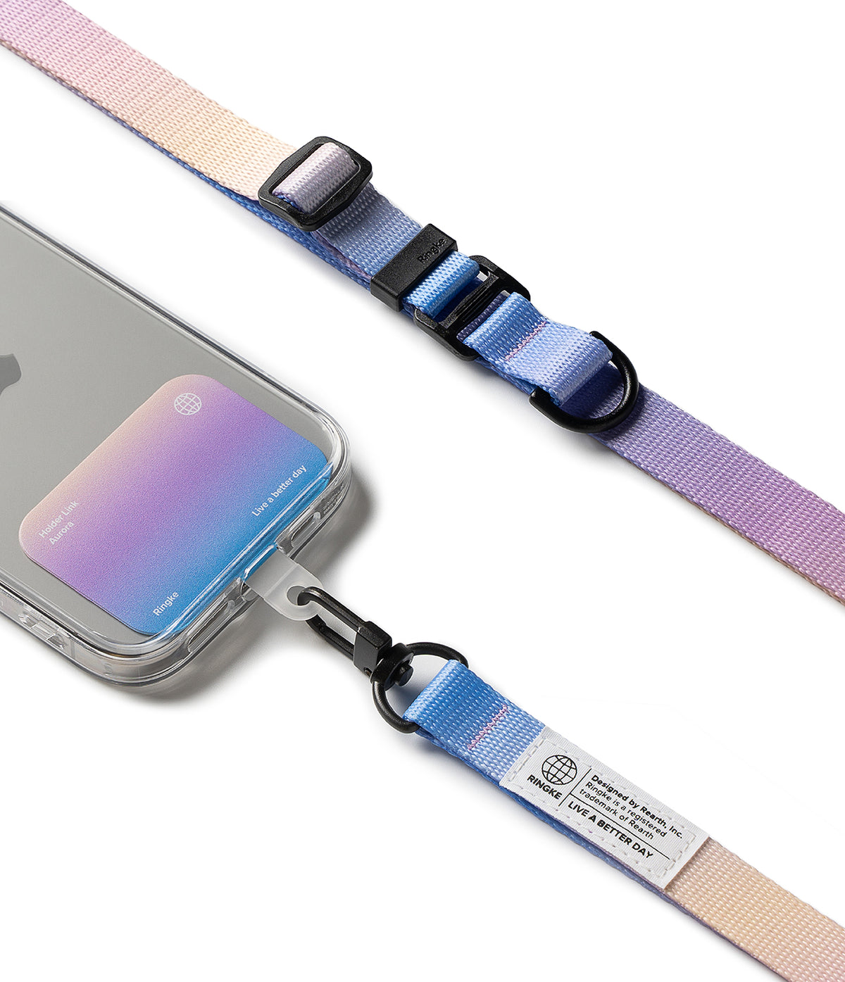 Holder Link & Snap Hook Lanyard Strap - Aurora gradient phone card holder attached to a clear case with a pastel strap.