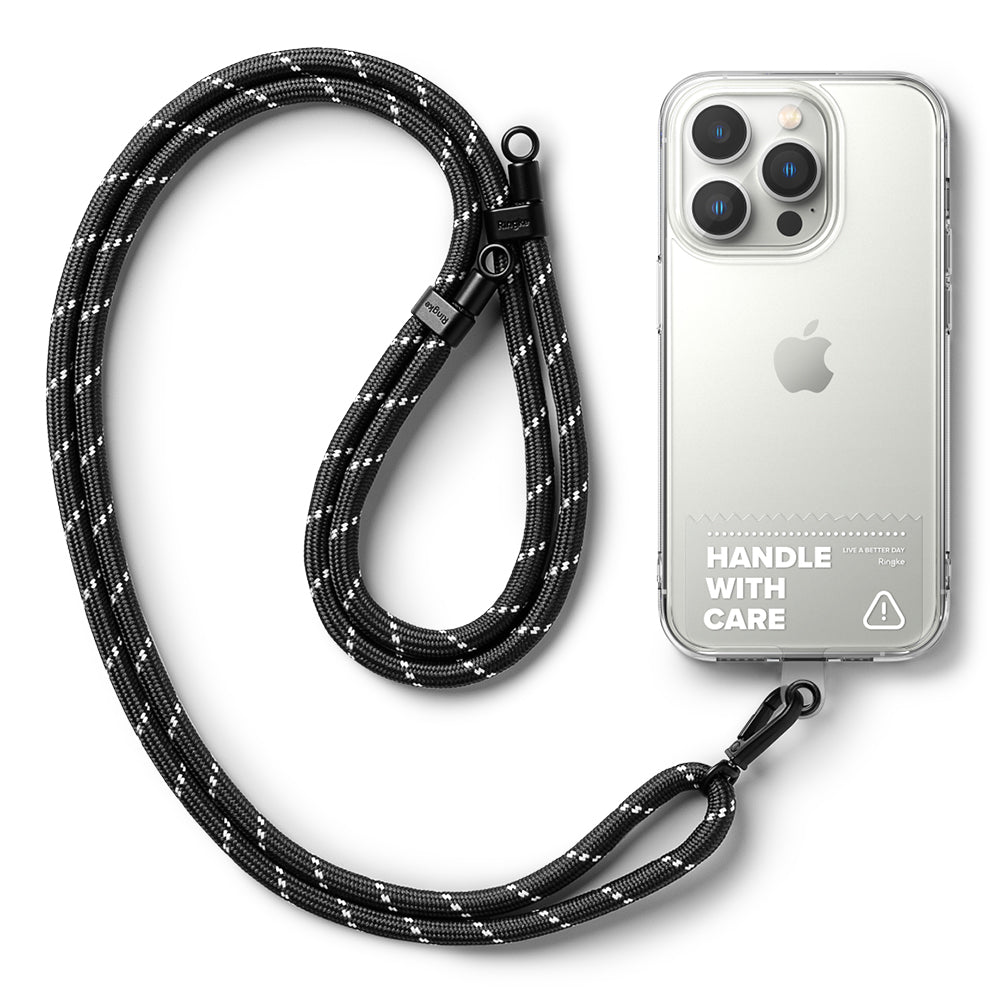 Holder Link Strap | Clear - Black braided rope lanyard with metal clips attached to a clear phone case with white text.