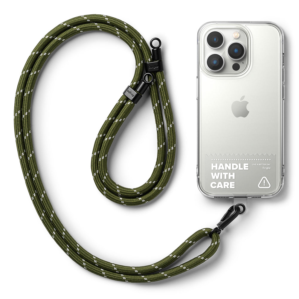 Holder Link Strap | Clear - Khaki rope lanyard with reflective accents attached to a clear phone case with Handle With Care text.