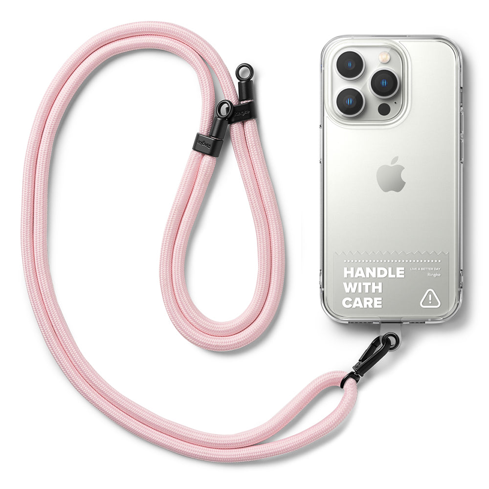 Holder Link Strap | Clear - Pink braided phone lanyard with black clips attached to a clear iPhone case.