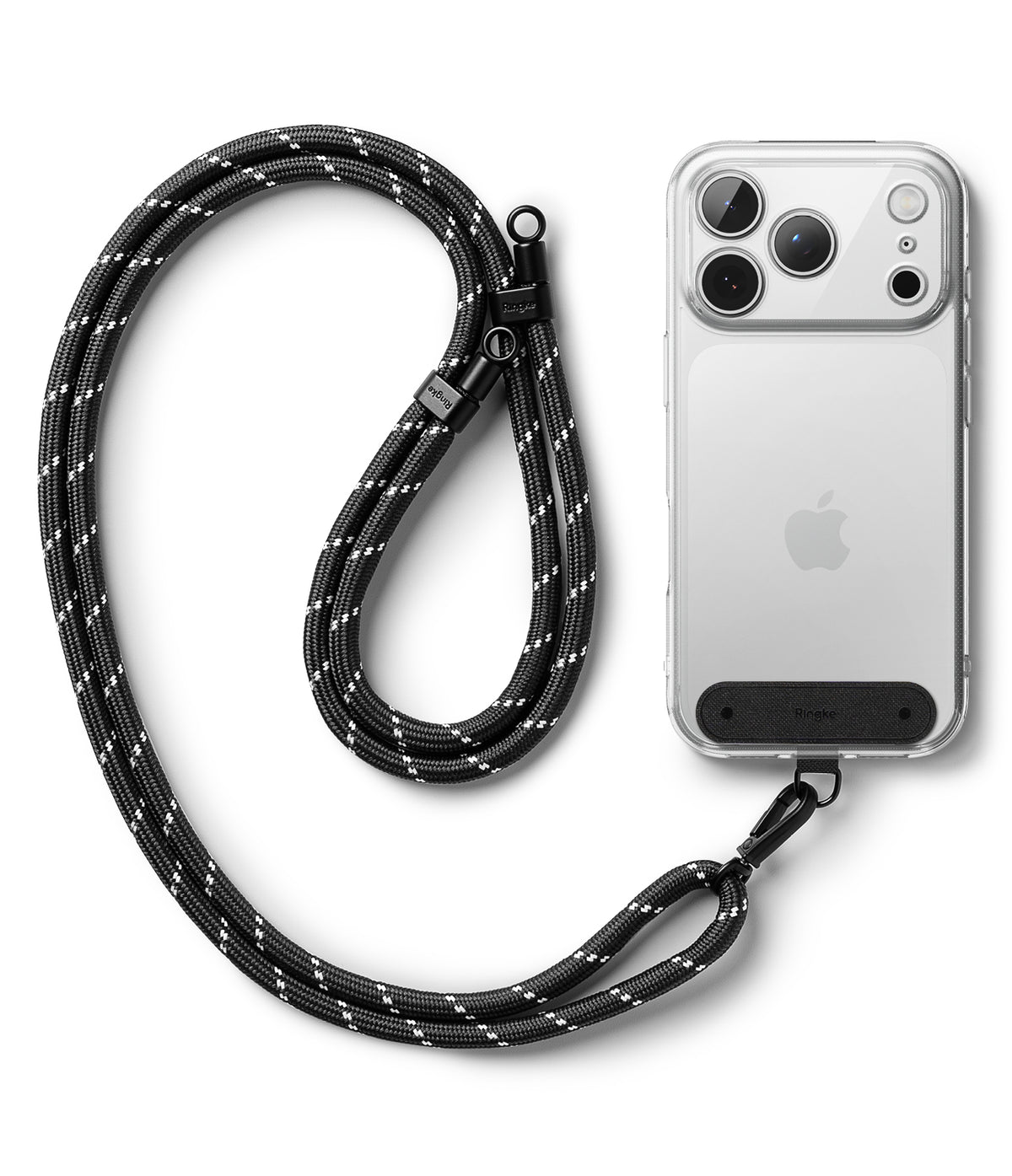Holder Link Strap | Black - A black and white woven phone lanyard attached to a clear smartphone case with a black base.