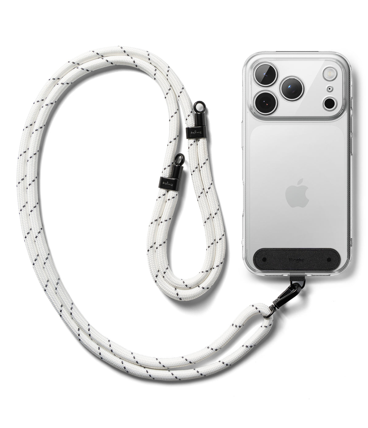 Holder Link Strap | Black - White rope lanyard with black accents attached to a clear smartphone case on a white background.