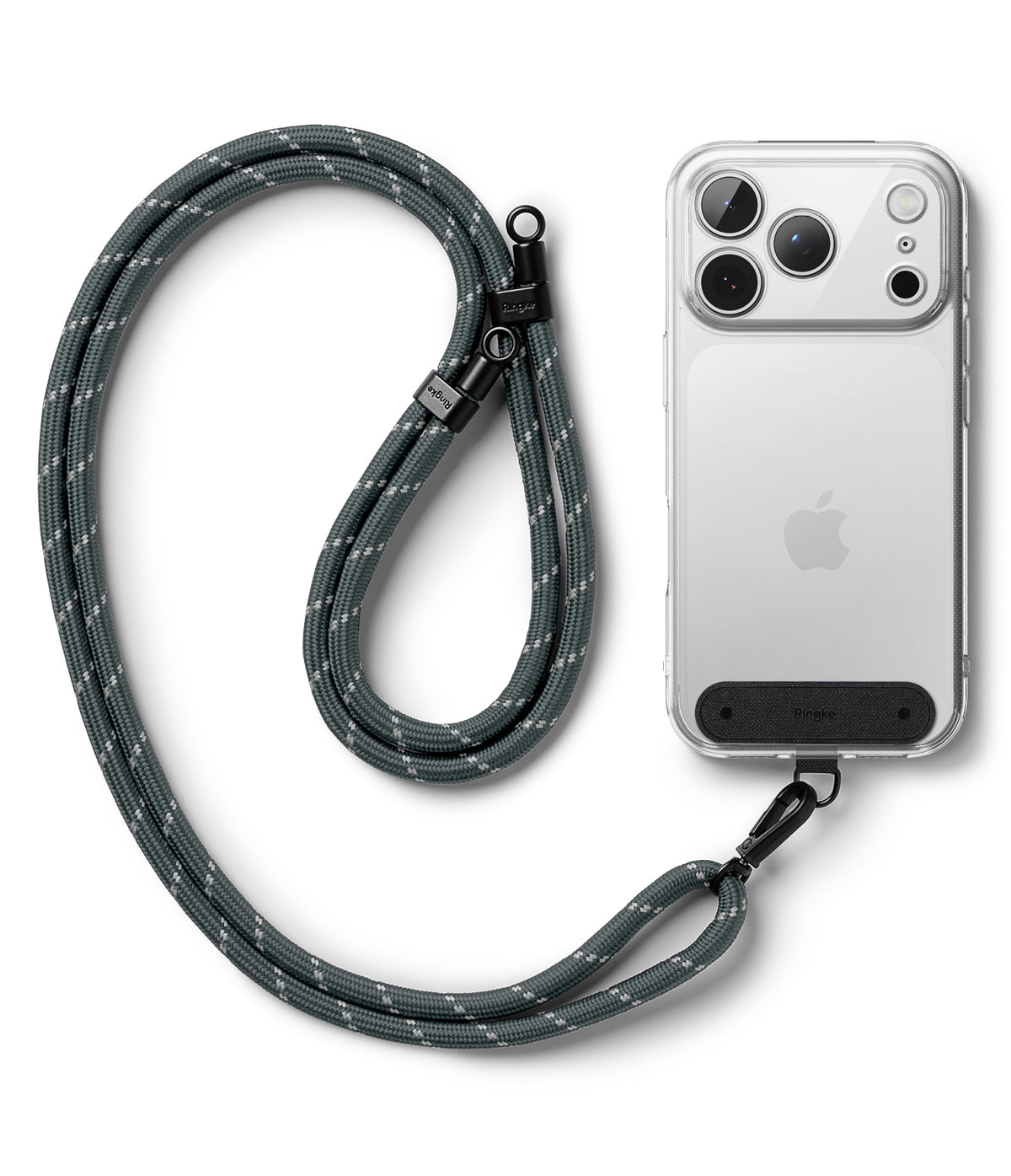 Holder Link Strap | Black - A black woven phone lanyard attached to a clear smartphone case with a black mounting plate.