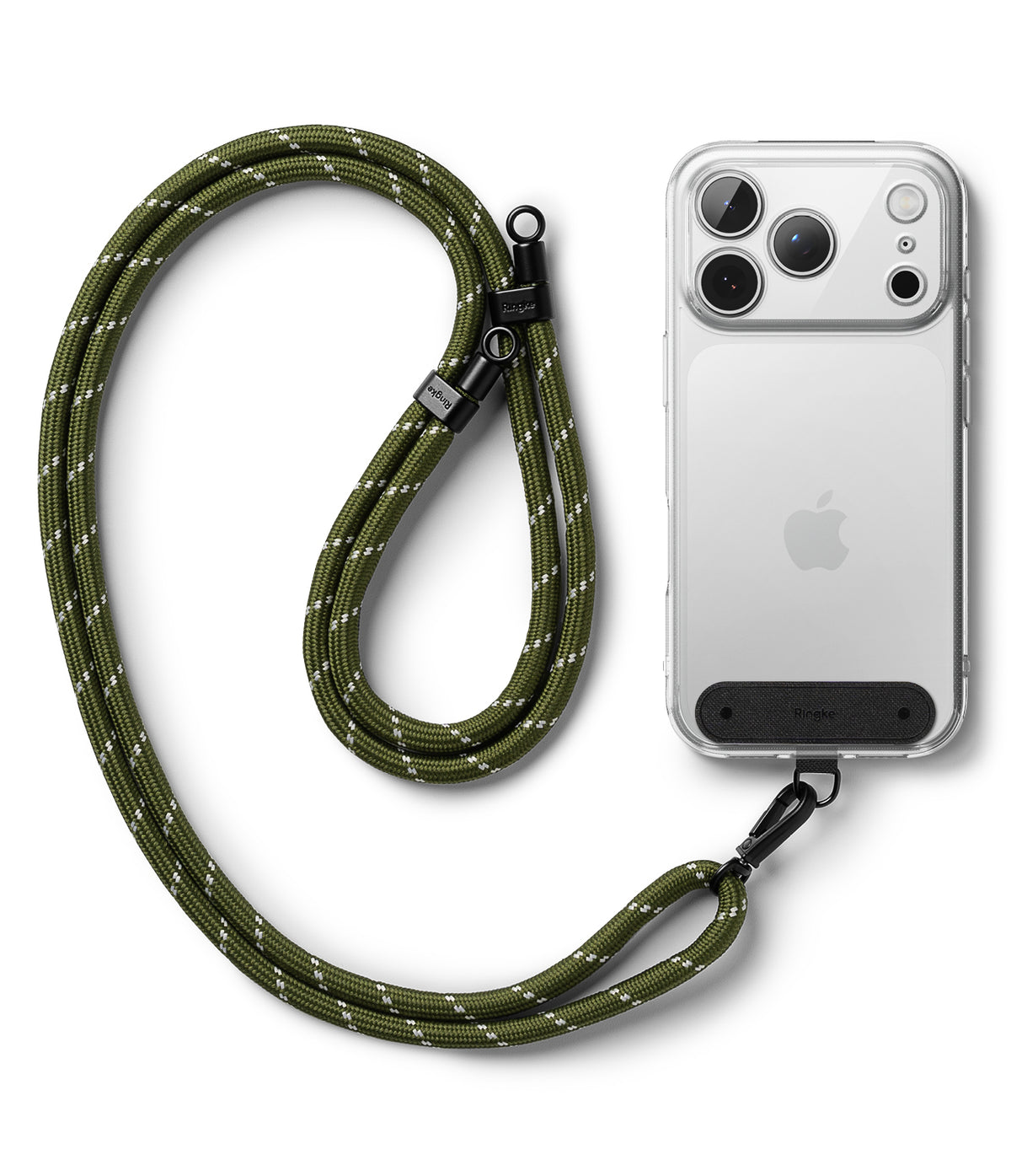 Holder Link Strap | Black - Olive green rope lanyard with white reflective stitching attached to a clear phone case.
