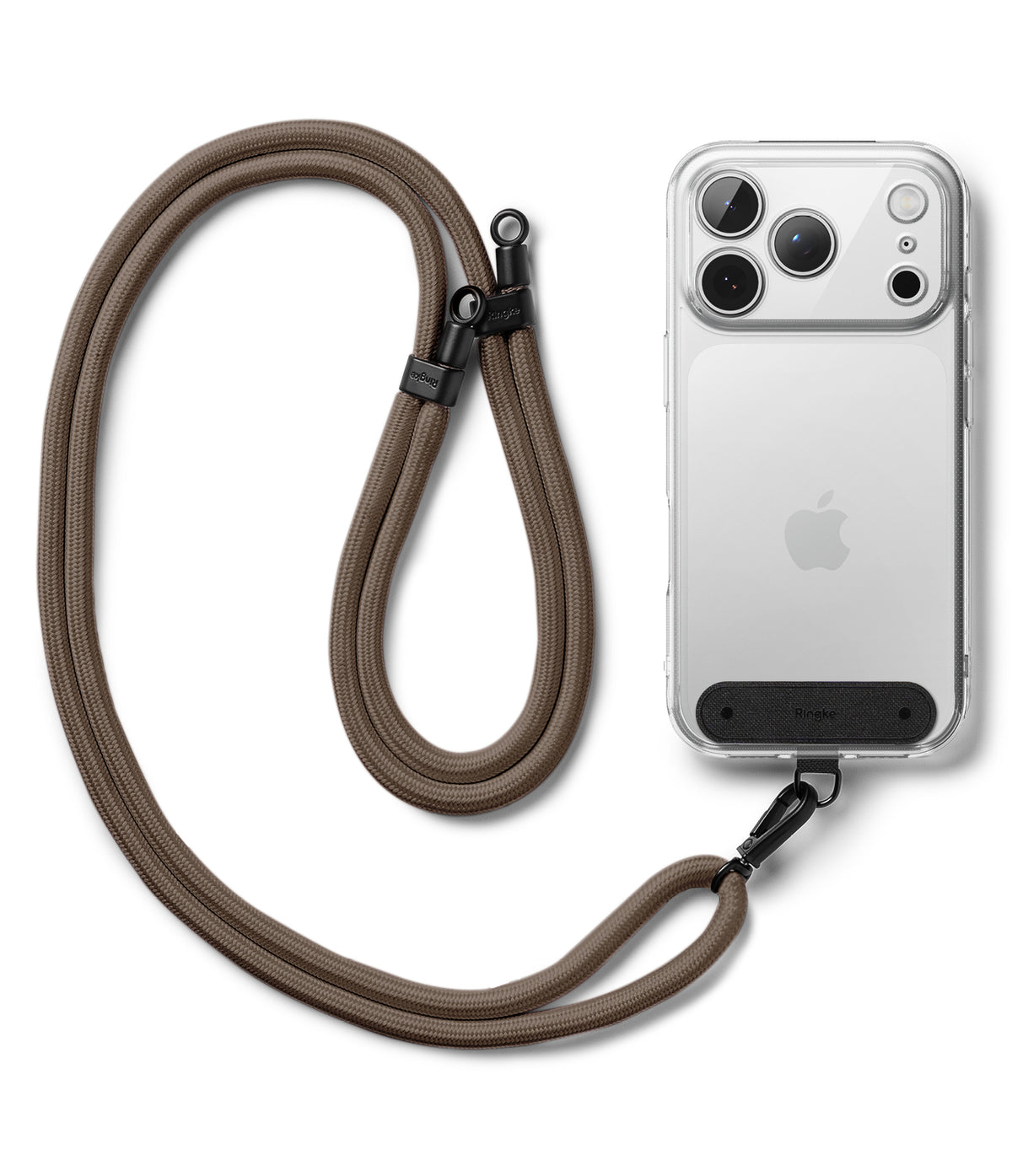 Holder Link Strap | Black - Brown woven phone lanyard with black hardware attached to a clear iPhone case.