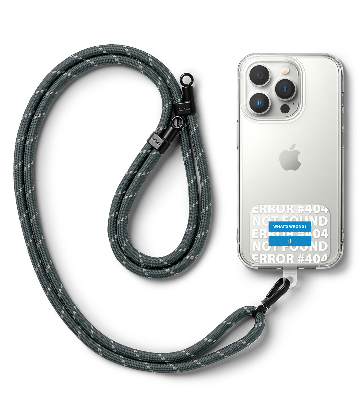 Ringke Strap Holder Link Design - A grey woven lanyard attached to a clear phone case with a 404 error sticker.