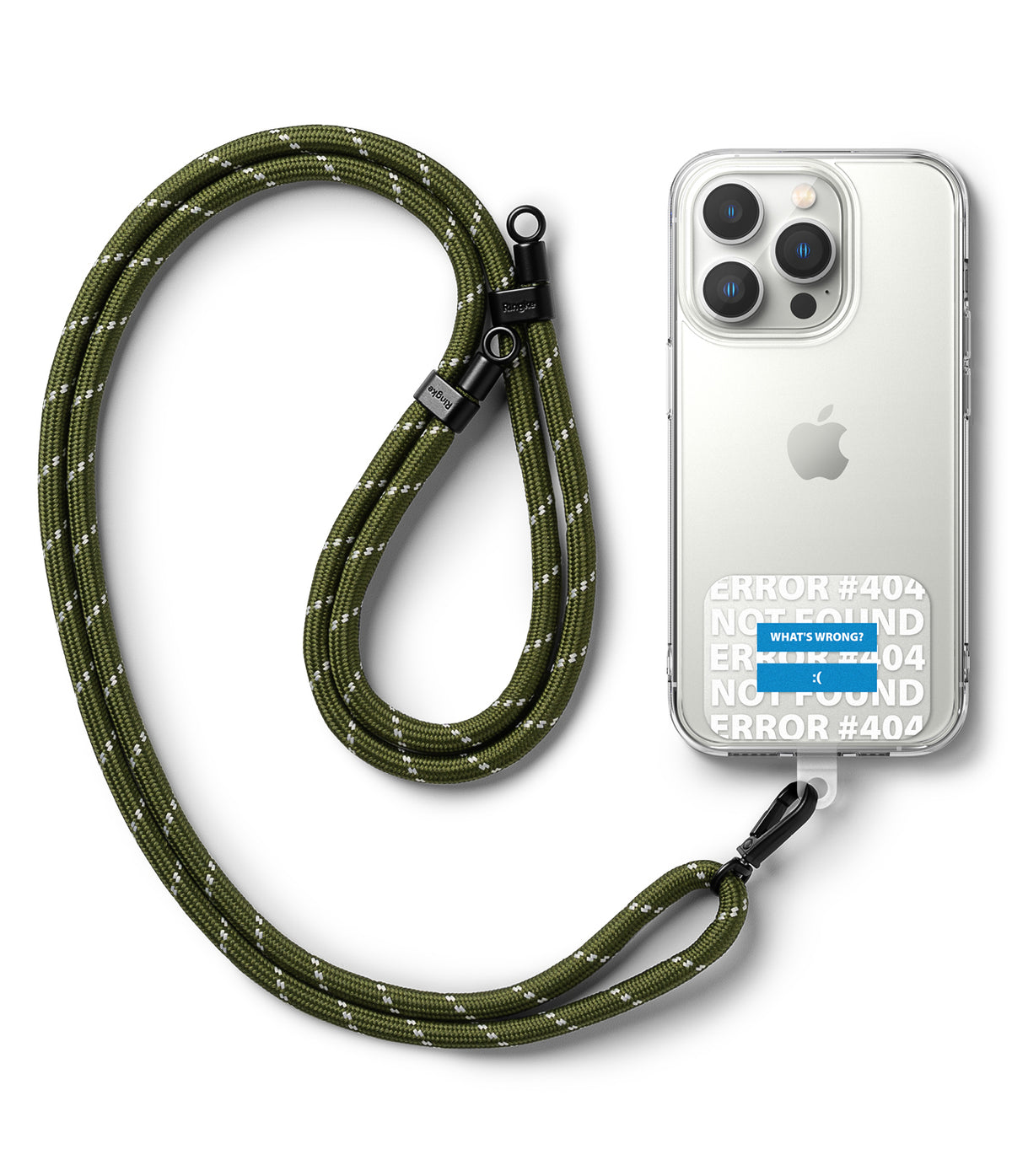 Ringke Strap Holder Link Design - Olive green rope lanyard attached to a clear iPhone case with an error 404 sticker.