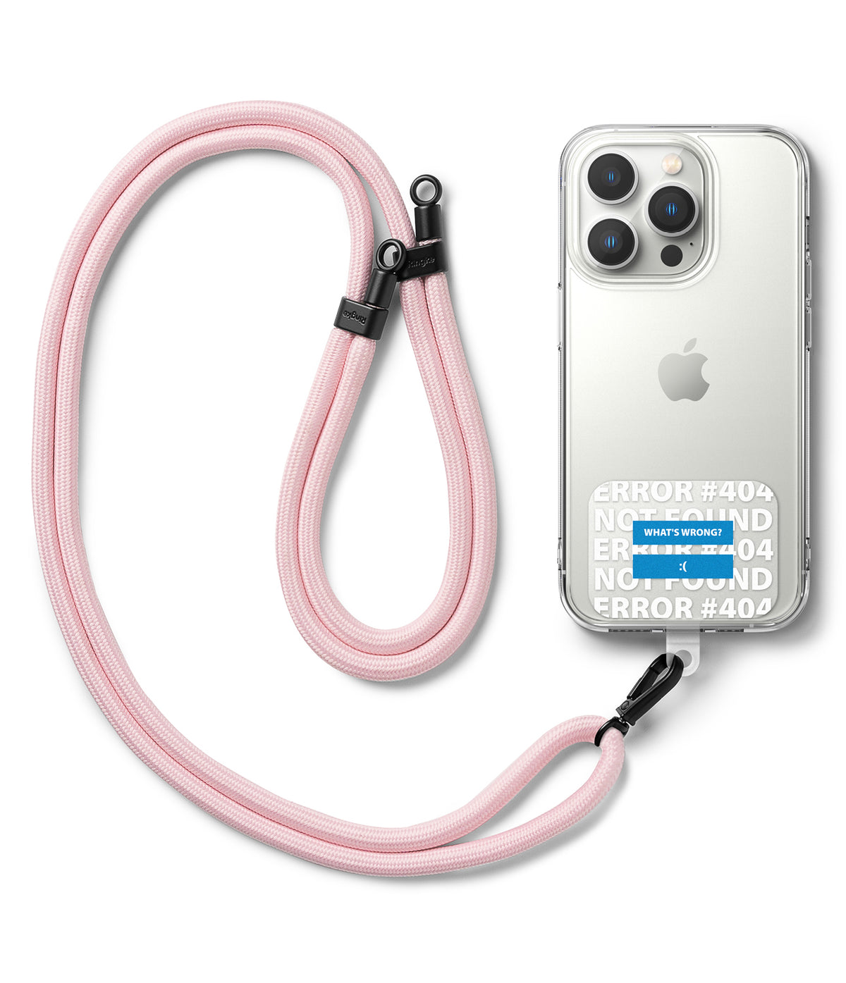Ringke Strap Holder Link Design - A pink woven phone lanyard attached to a clear iPhone case with a 404 error sticker.