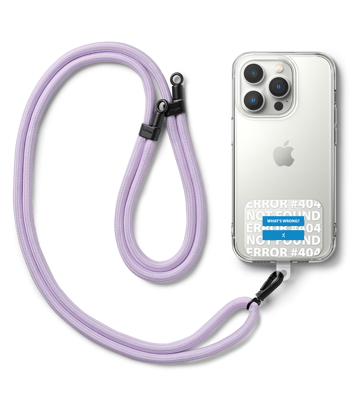 Ringke Strap Holder Link Design - Lavender rope lanyard attached to a clear phone case with a 404 error sticker.