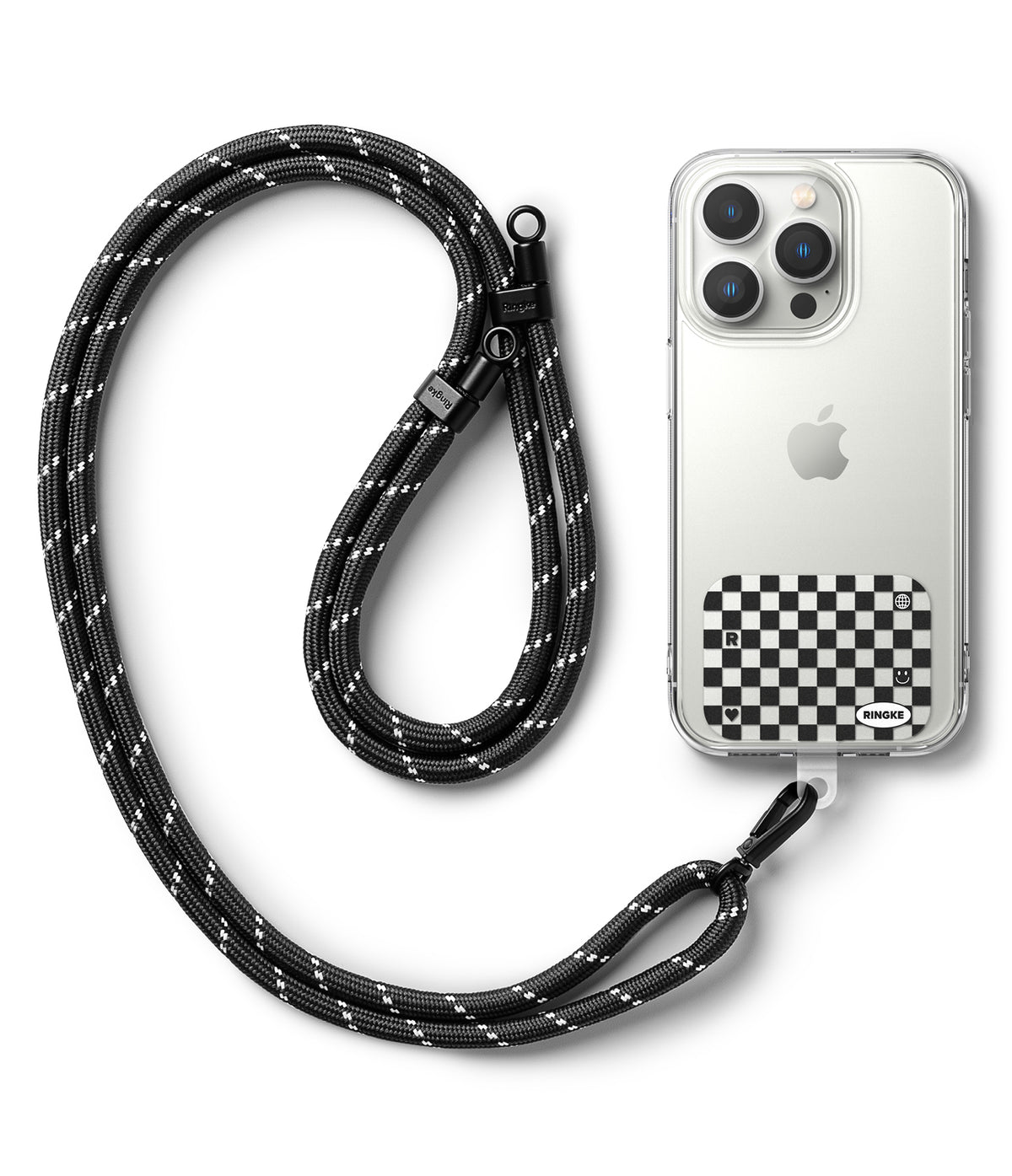 Ringke Strap Holder Link Design - Smartphone with a checkered strap holder attached to a black and white rope lanyard.