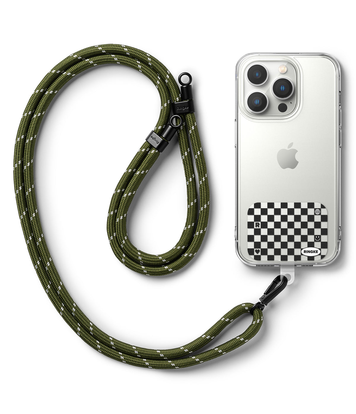 Ringke Strap Holder Link Design - Olive green rope lanyard attached to a clear phone case with a checkered sticker.