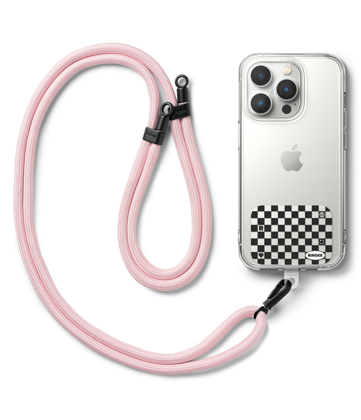 Ringke Strap Holder Link Design - Clear iPhone case with a checkered strap holder attached to a pink rope lanyard.