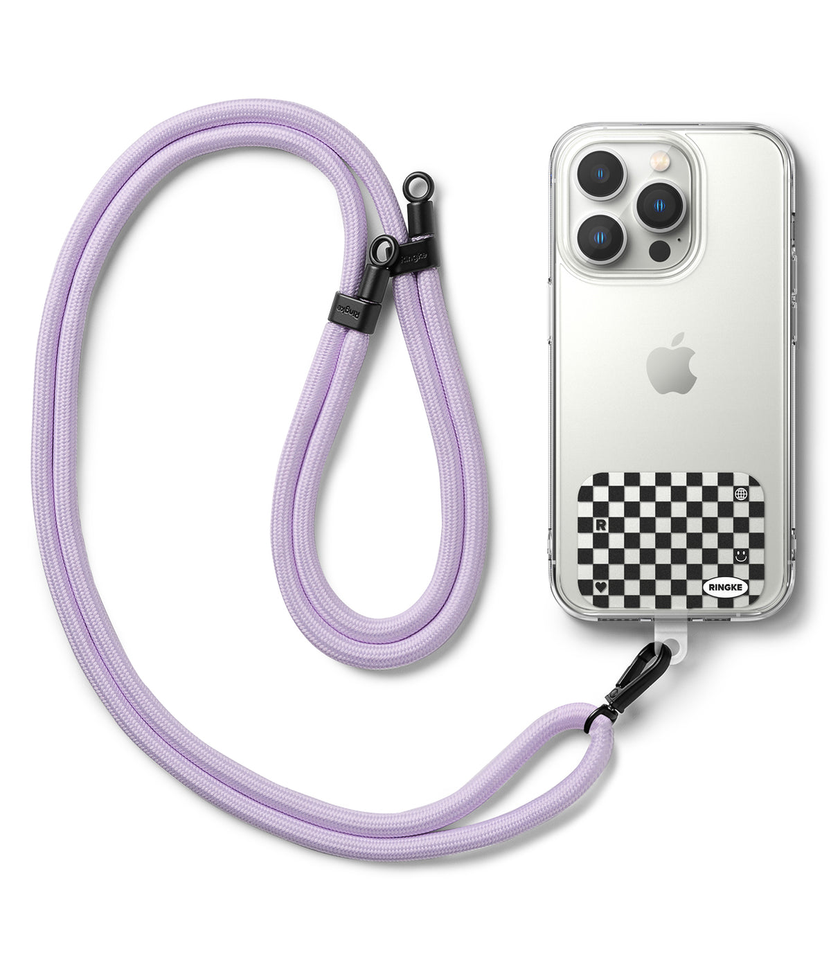 Ringke Strap Holder Link Design - A lavender rope lanyard attached to a clear phone case with a black and white checkered patch.