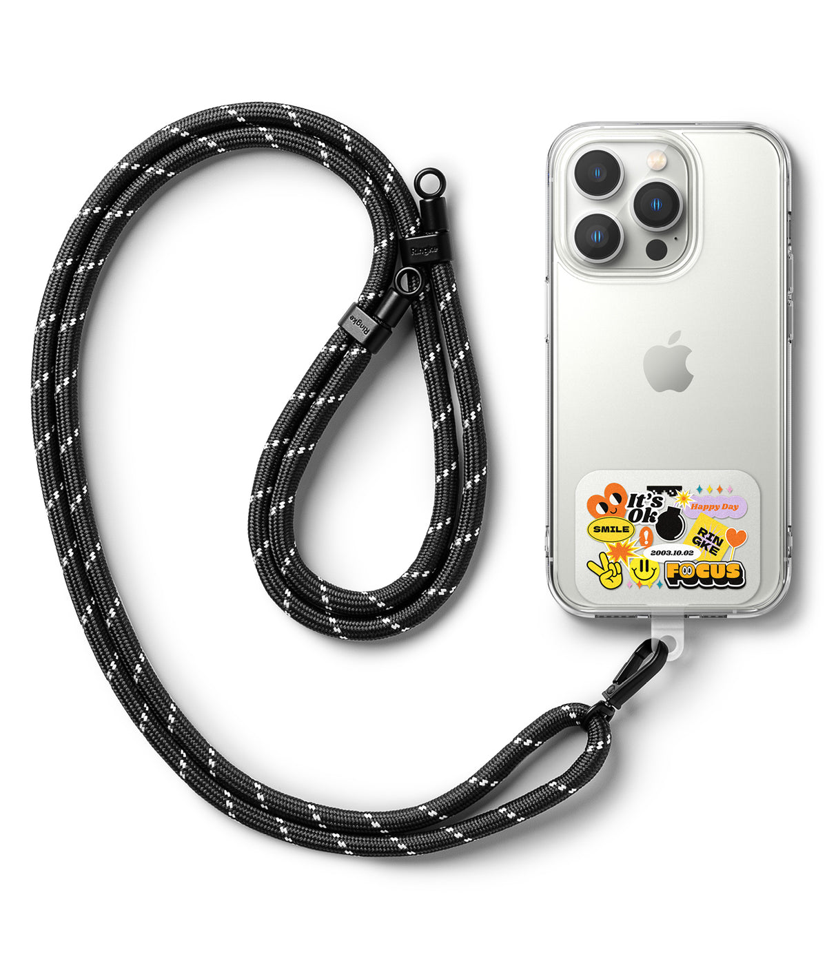 Ringke Strap Holder Link Design - Black and white woven lanyard attached to a clear iPhone case with colorful stickers.