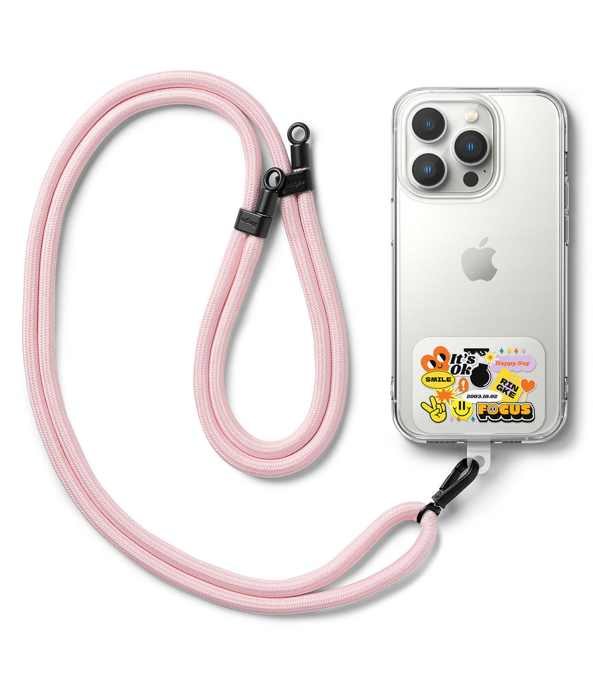 Ringke Strap Holder Link Design - A clear phone case with colorful stickers attached to a long, light pink braided lanyard.