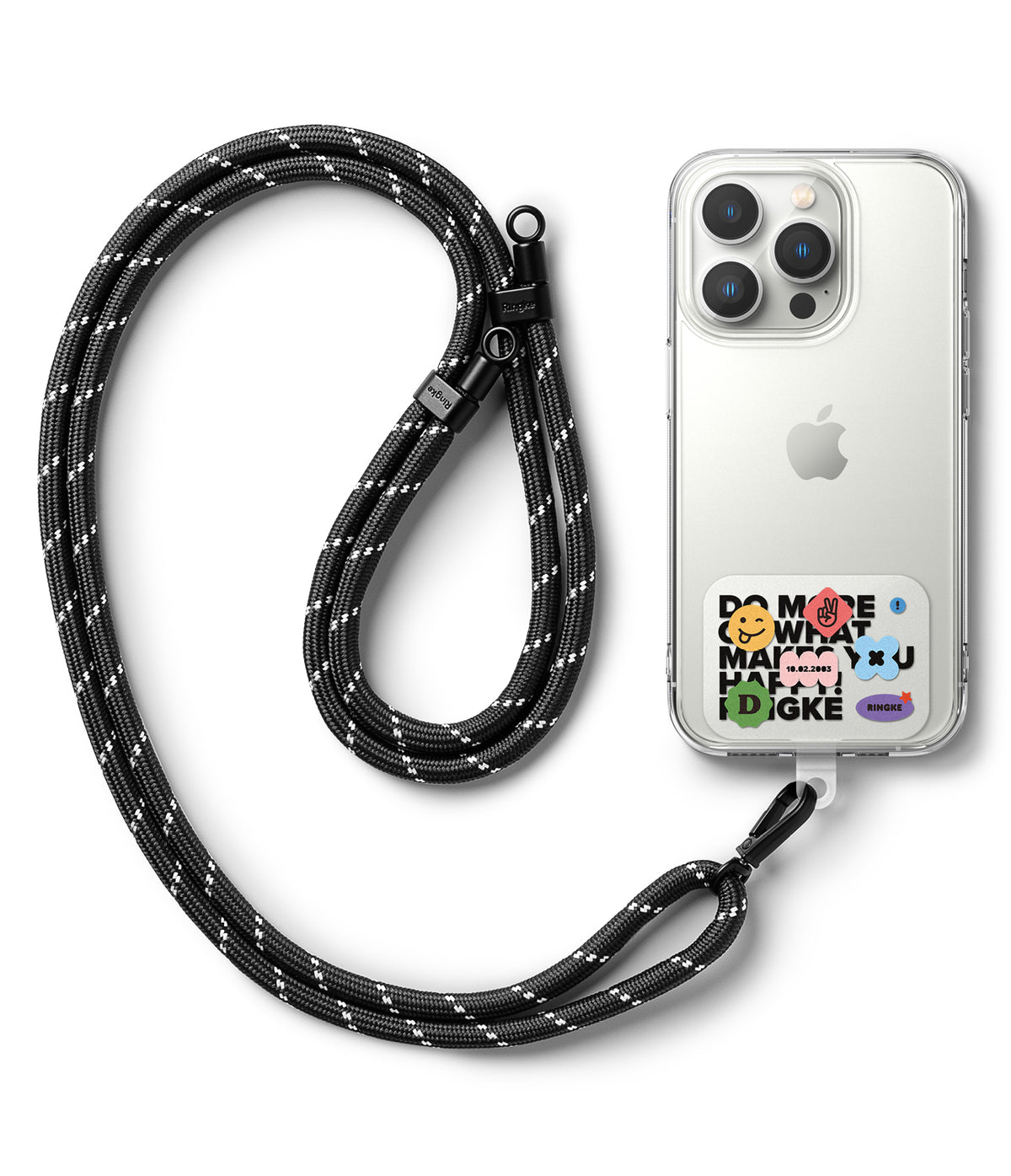 Ringke Strap Holder Link Design - Black and white patterned rope lanyard attached to a clear phone case with stickers.