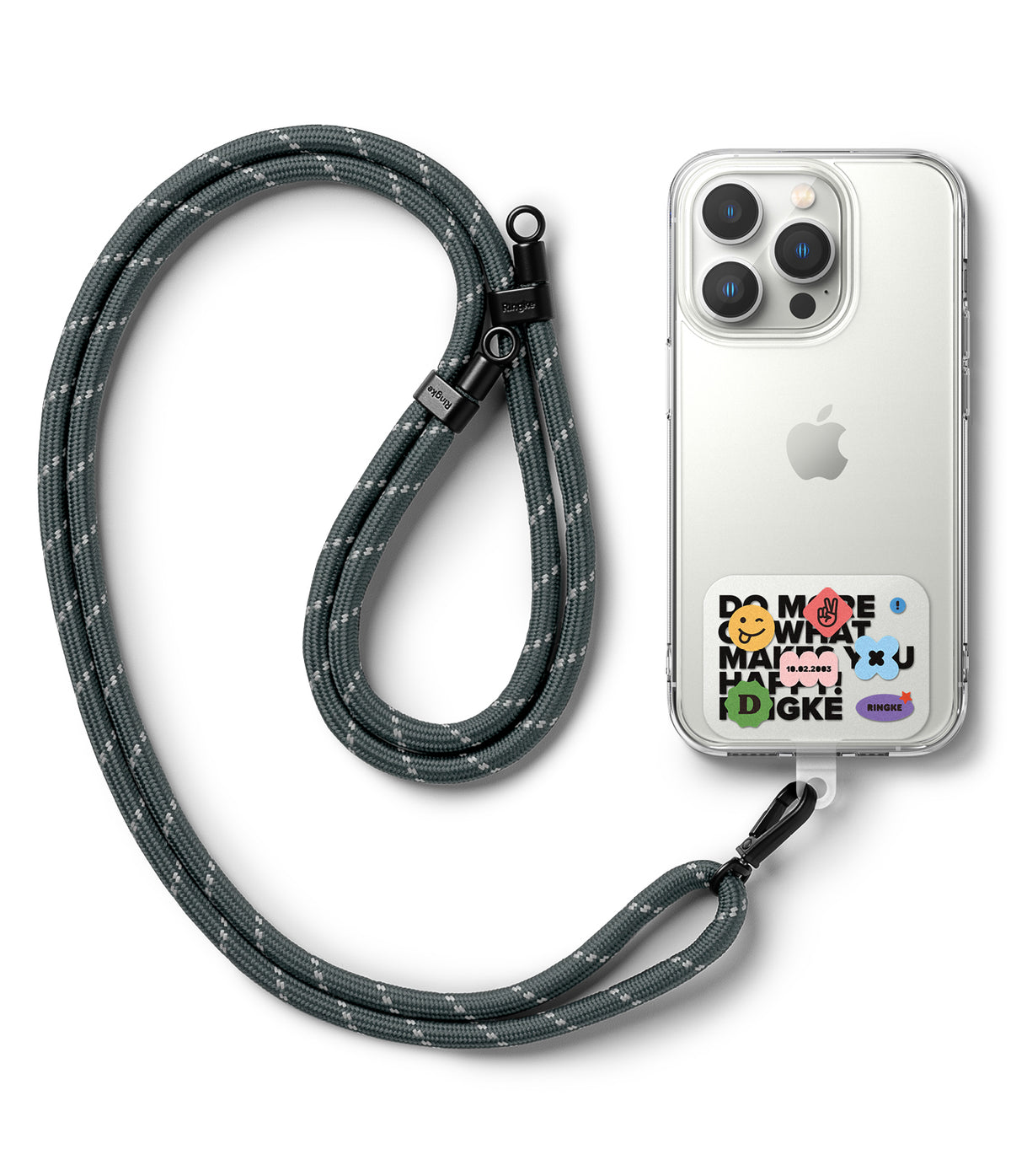 Ringke Strap Holder Link Design - A clear phone case with colorful stickers attached to a grey woven lanyard via a strap link.