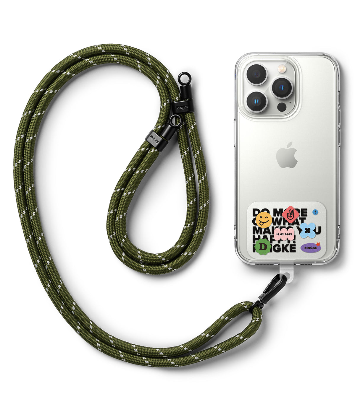 Ringke Strap Holder Link Design - Olive green rope lanyard attached to a clear iPhone case with colorful stickers.