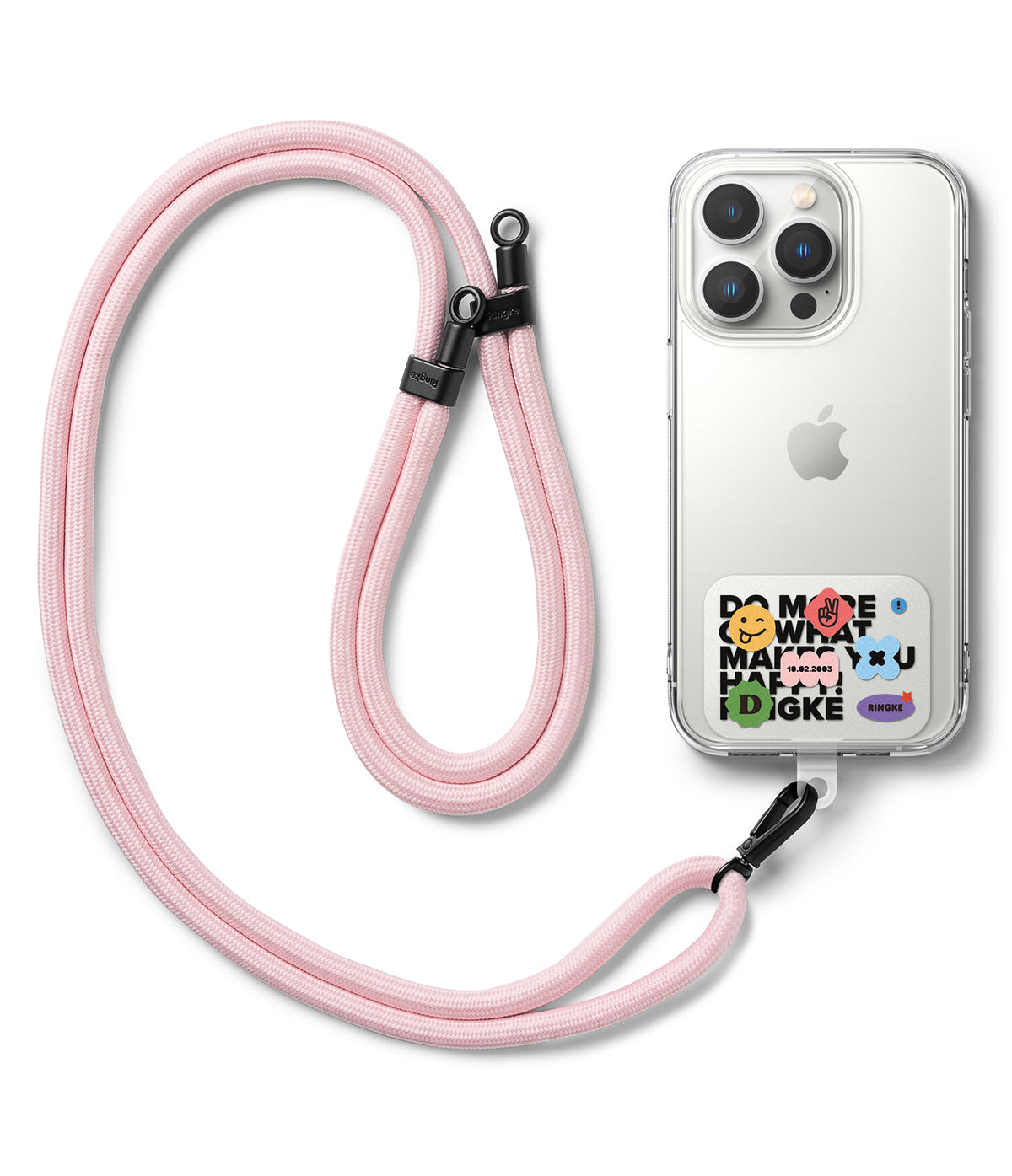 Ringke Strap Holder Link Design - A light pink braided phone lanyard attached to a clear iPhone case with colorful stickers.