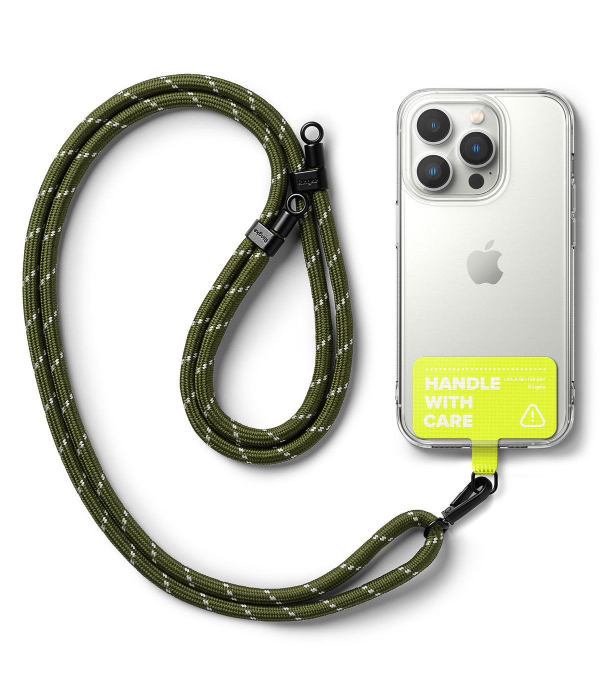Holder Link Strap | Tarpaulin Neon Green - Olive green rope lanyard attached to a clear phone case with neon green tag.