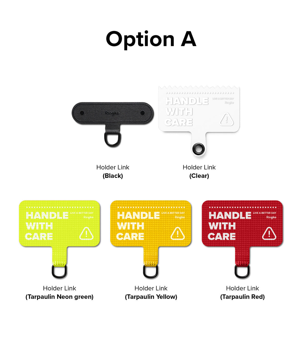 Holder Link Strap | Tarpaulin Red - Five phone tether tabs in black, clear, neon green, yellow, and red with metal D-rings.