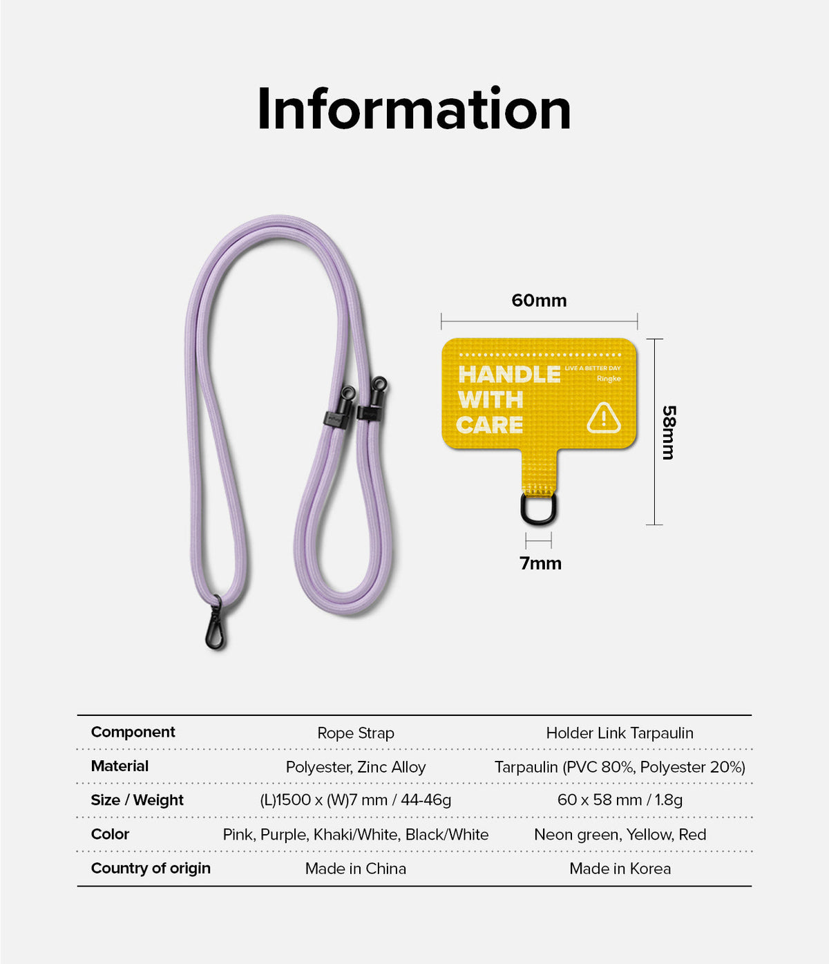Holder Link Strap | Tarpaulin Yellow - Purple rope strap and yellow Handle With Care tarpaulin tag with dimension labels.