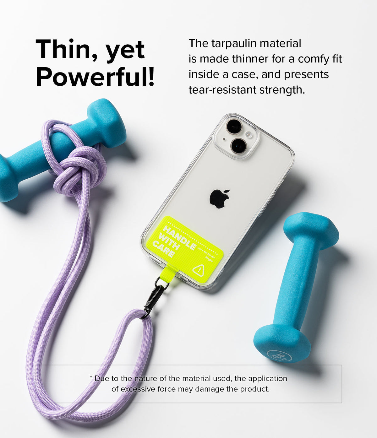 Holder Link Strap | Tarpaulin Red - Phone with yellow strap tag and purple rope lanyard between two blue dumbbells.