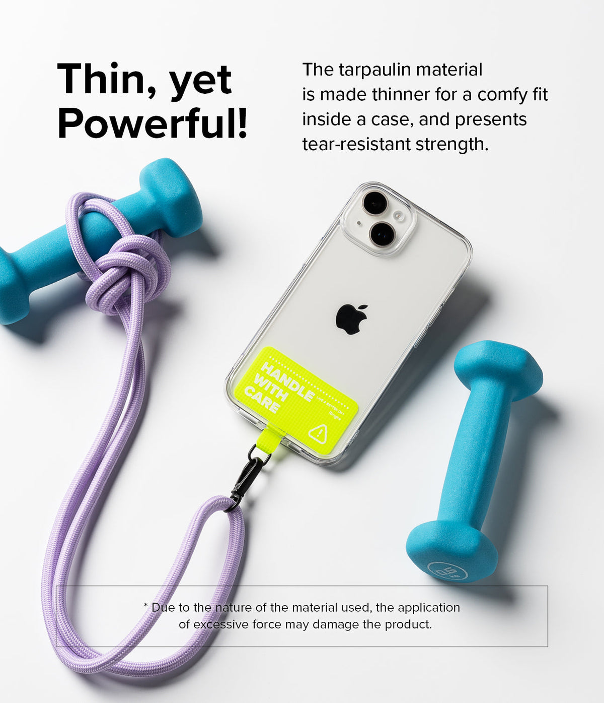 Holder Link Strap | Tarpaulin Neon Green - Neon green phone strap tab attached to a phone with a purple rope lanyard.
