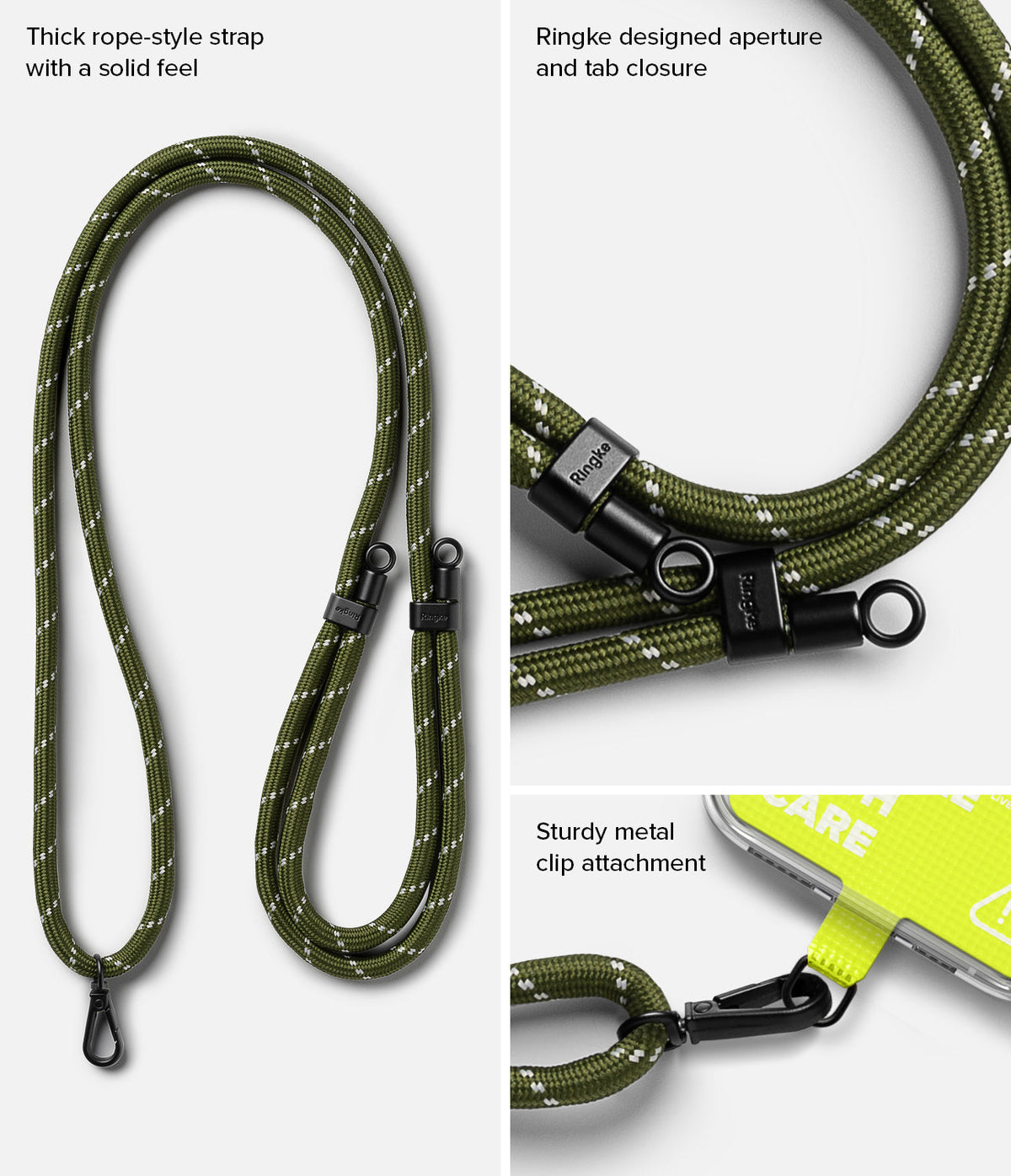 Holder Link Strap | Tarpaulin Neon Green - Olive green rope lanyard with black metal clips and Ringke branding.
