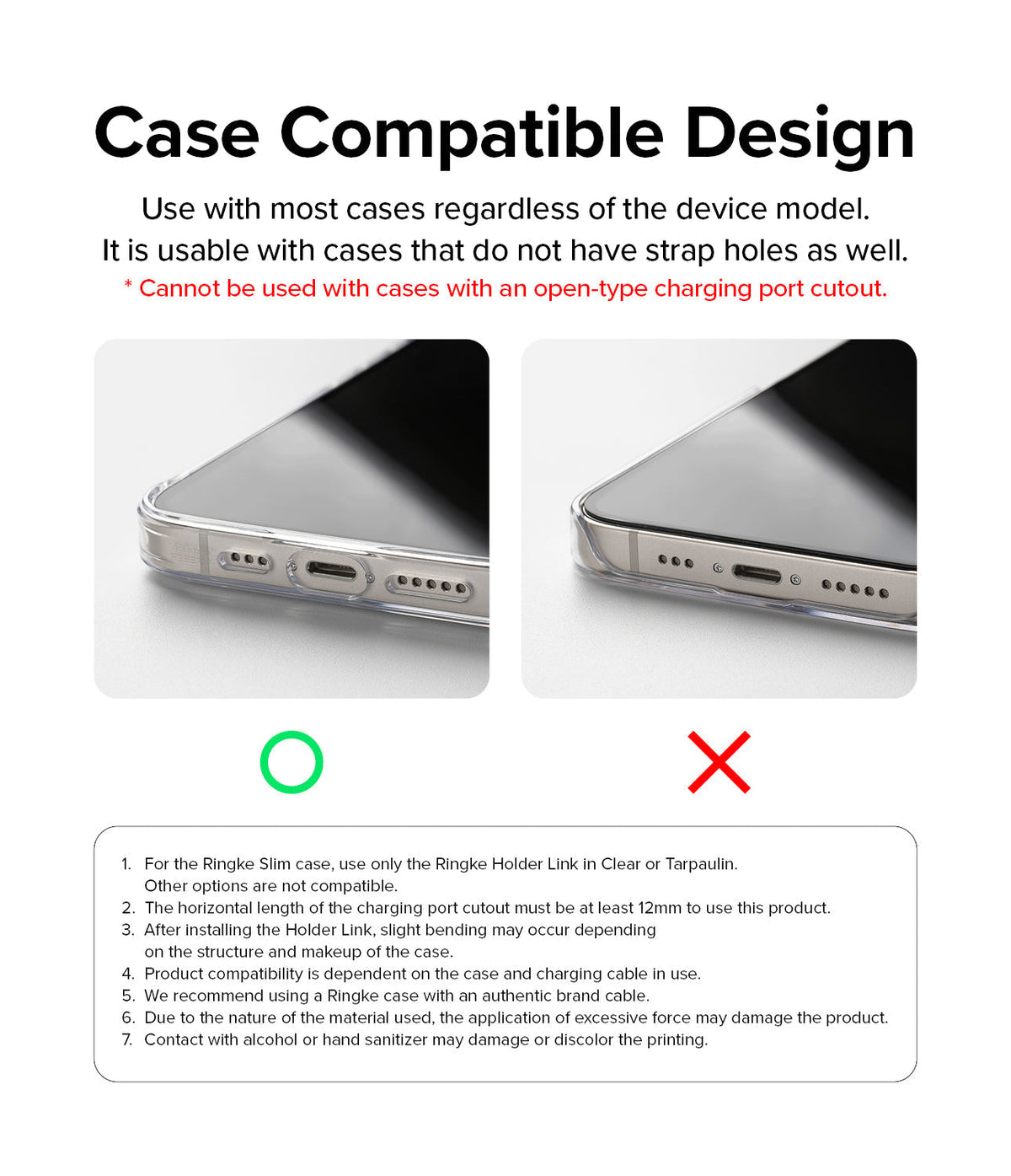 Holder Link Strap | Tarpaulin Yellow - Comparison of compatible and incompatible phone case charging port cutouts.