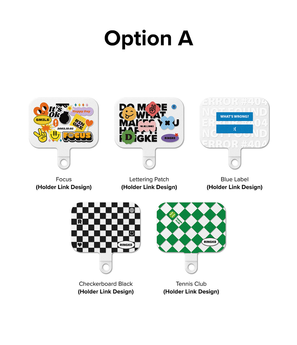 Ringke Strap Holder Link Design - Five phone strap holder designs featuring stickers, text, error messages, and patterns.