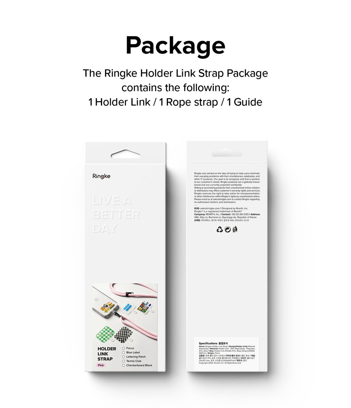 Ringke Strap Holder Link Design - Front and back views of a product packaging box for a phone strap and holder link.