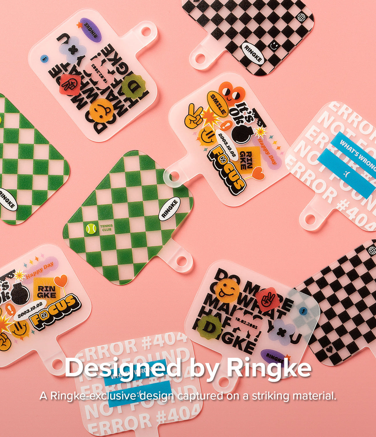 Ringke Strap Holder Link Design - Assorted translucent phone strap holders with colorful stickers and patterns on a pink background.