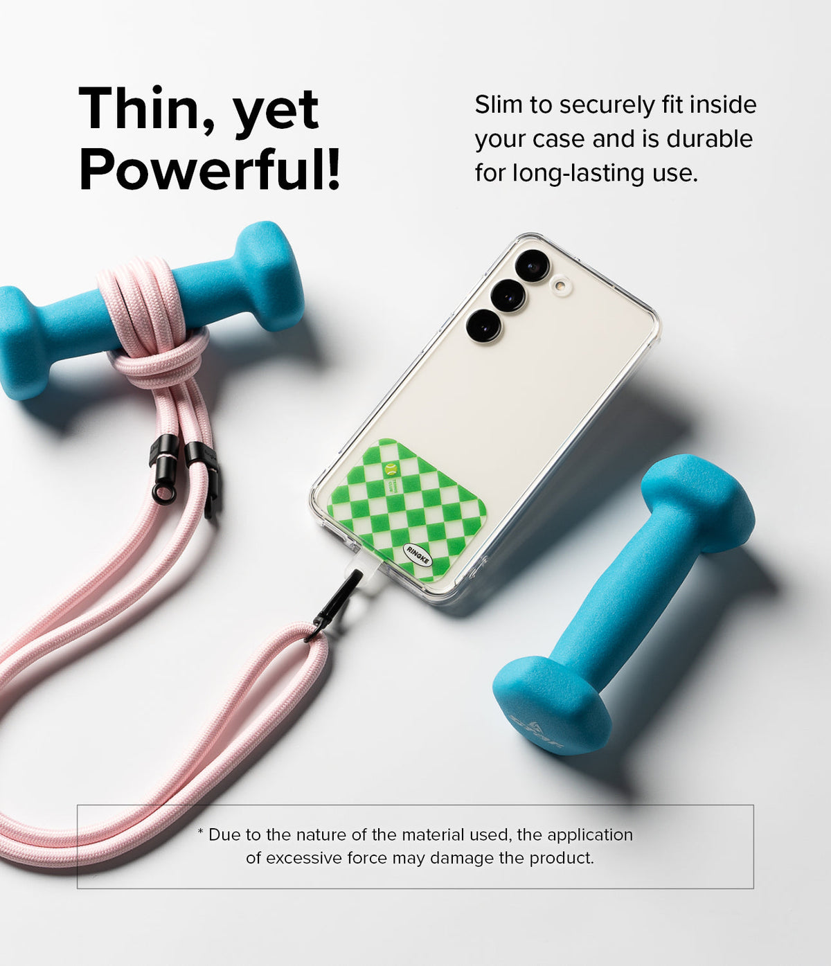 Ringke Strap Holder Link Design - A phone in a clear case with a green checkered strap holder attached to a pink lanyard.