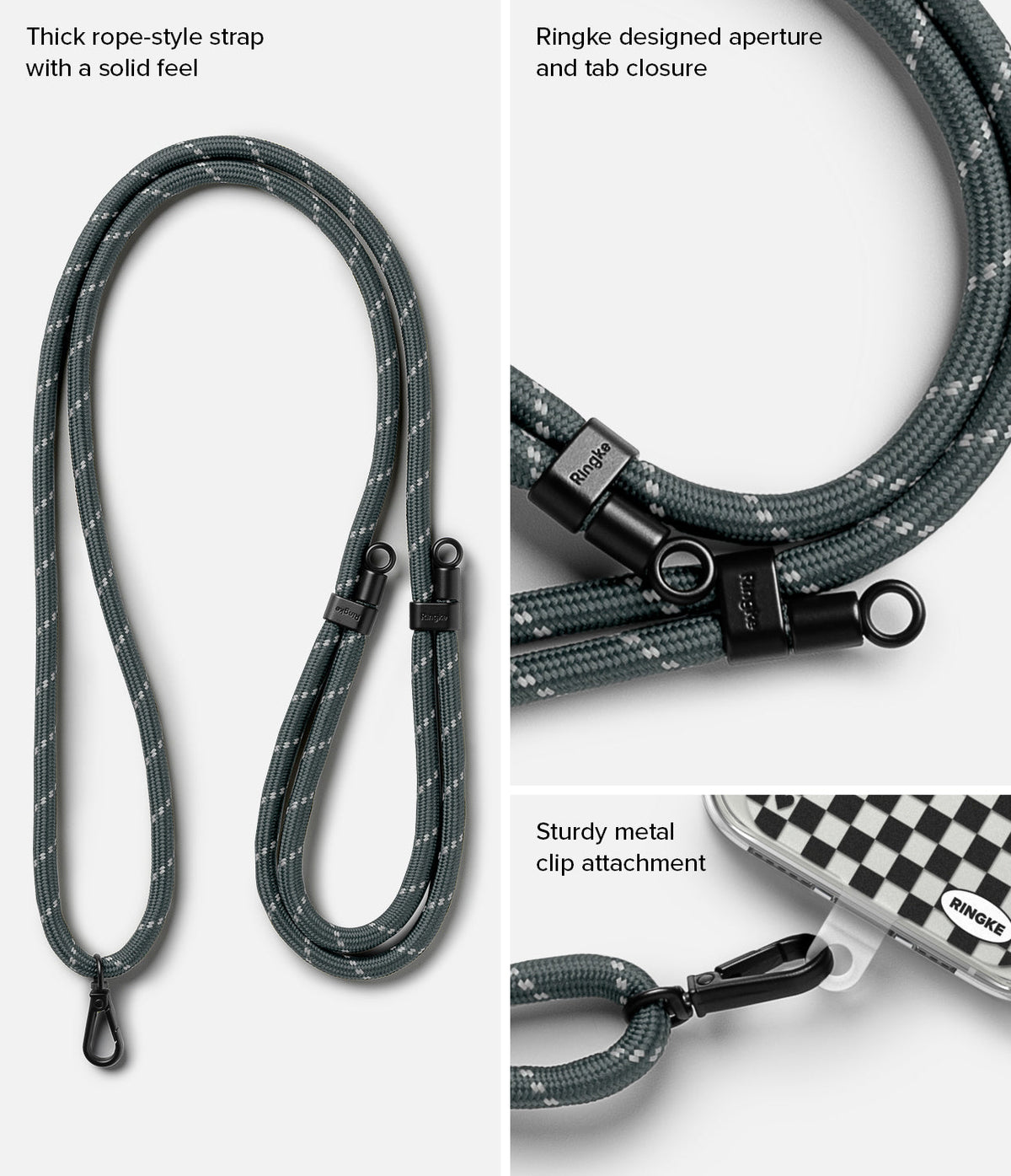Ringke Strap Holder Link Design - Gray rope-style strap with black metal clips, aperture, and tab closure details.