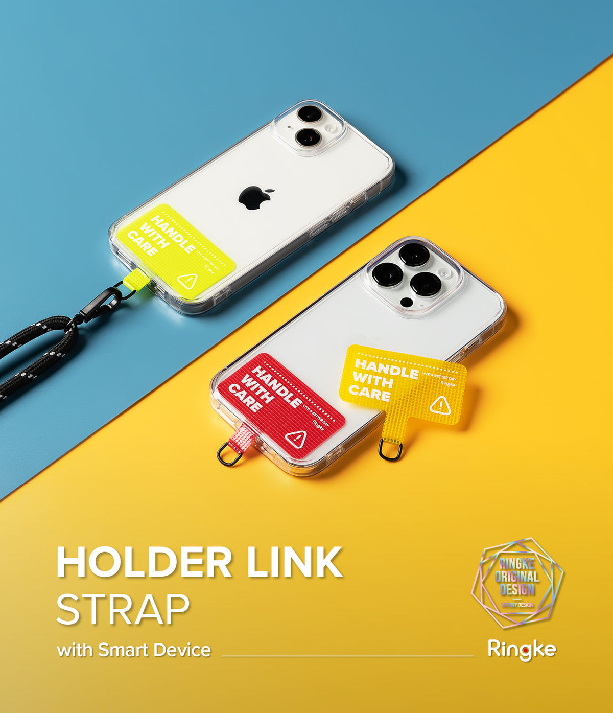 Holder Link Strap | Tarpaulin Yellow - Two clear phone cases with yellow and red Handle With Care strap inserts on a split blue and yellow background.