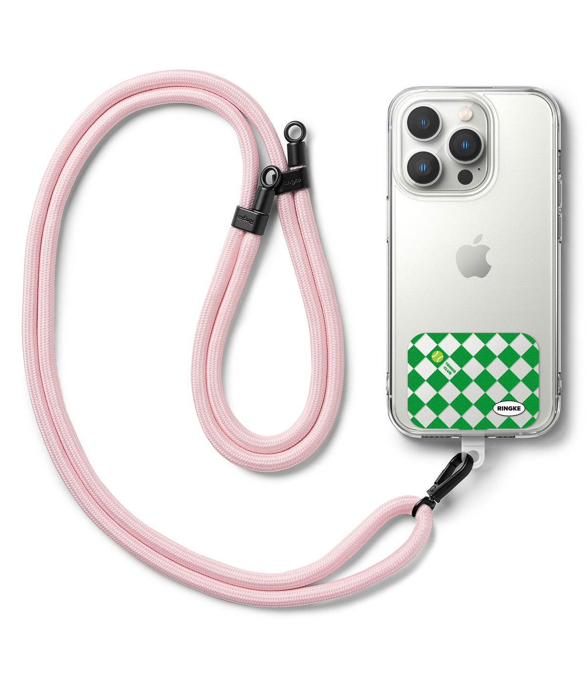 Ringke Strap Holder Link Design - Pink rope lanyard attached to a clear iPhone case with a green and white checkered card.