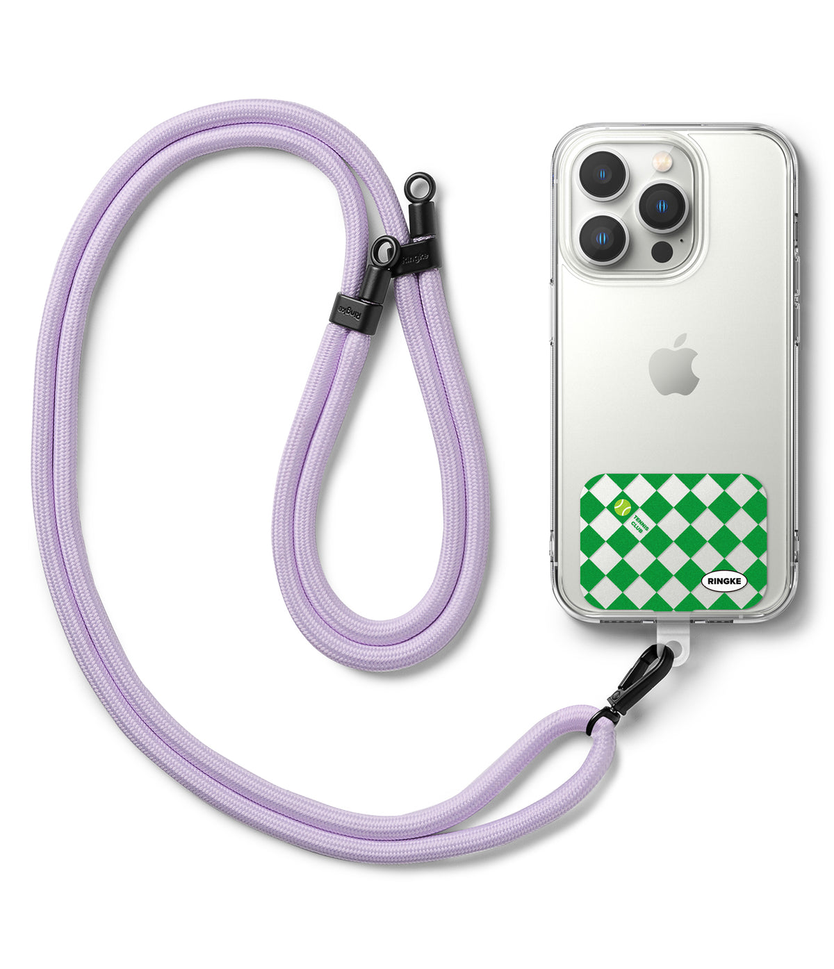 Ringke Strap Holder Link Design - Lavender rope lanyard attached to a clear phone case with a green checkered sticker.